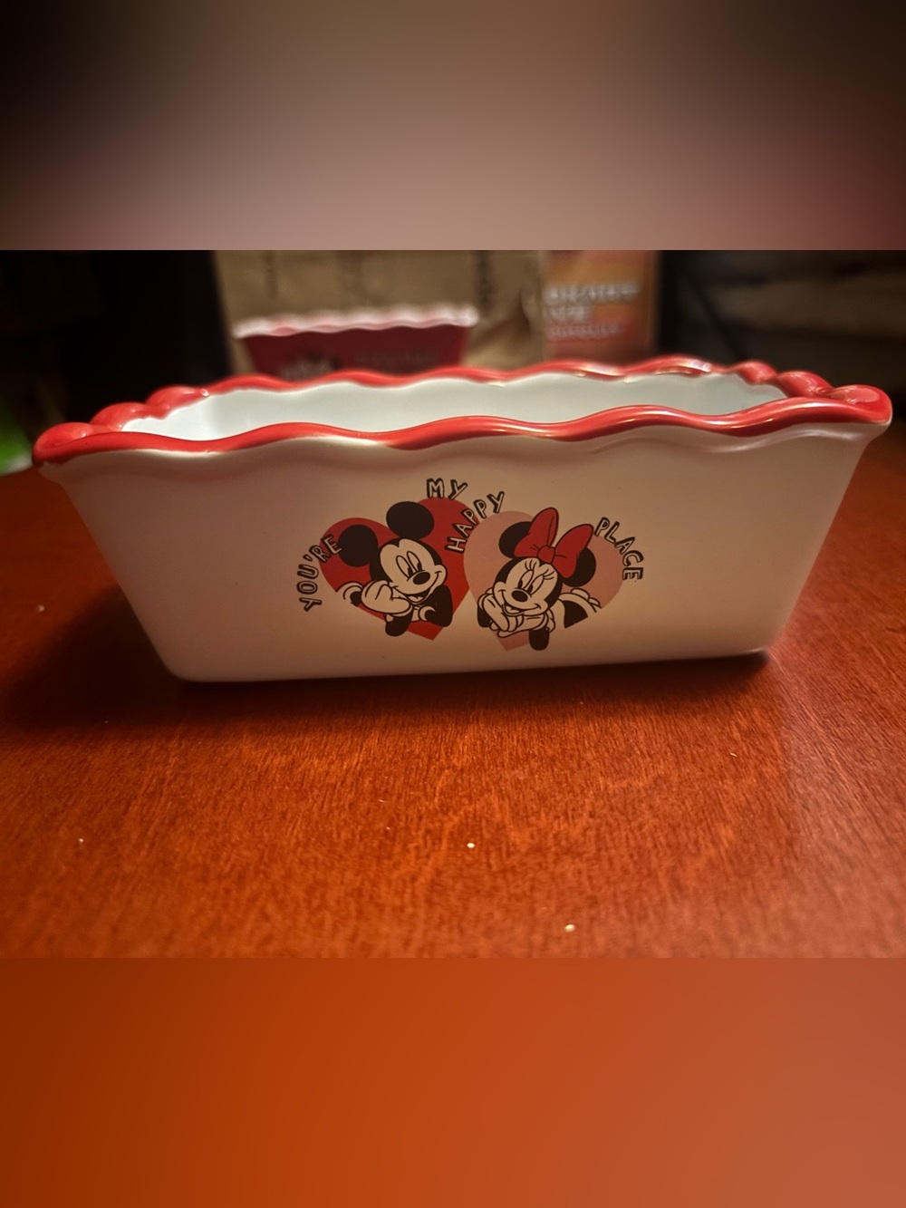 Disney White Ceramic Serving Dish with Red Trim and Mickey & Minnie Hearts